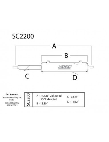 CILINDRO ASISTENCIA DE DIRECCION PSC MOTORSPORTS EXTREMO SIMPLE 1.75" X 8" CON HARDWARE