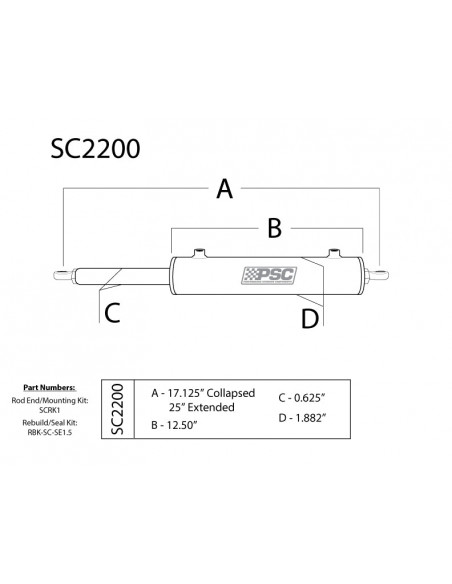 CILINDRO ASISTENCIA DE DIRECCION PSC MOTORSPORTS EXTREMO SIMPLE 1.75" X 8" CON HARDWARE